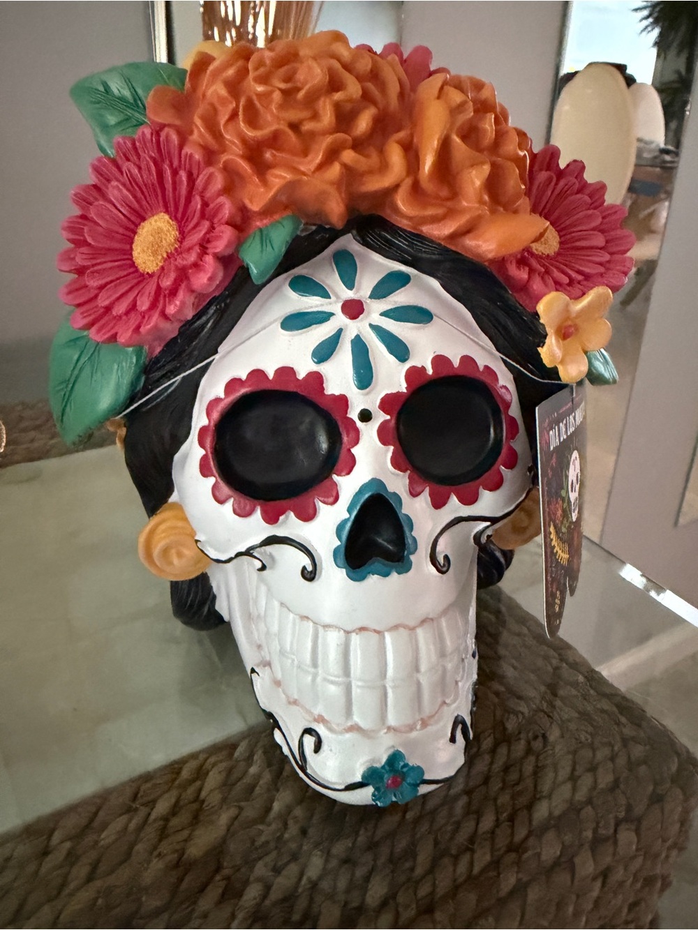 Decorative Day of the Dead Floral Skull - White, Orange & Pink
